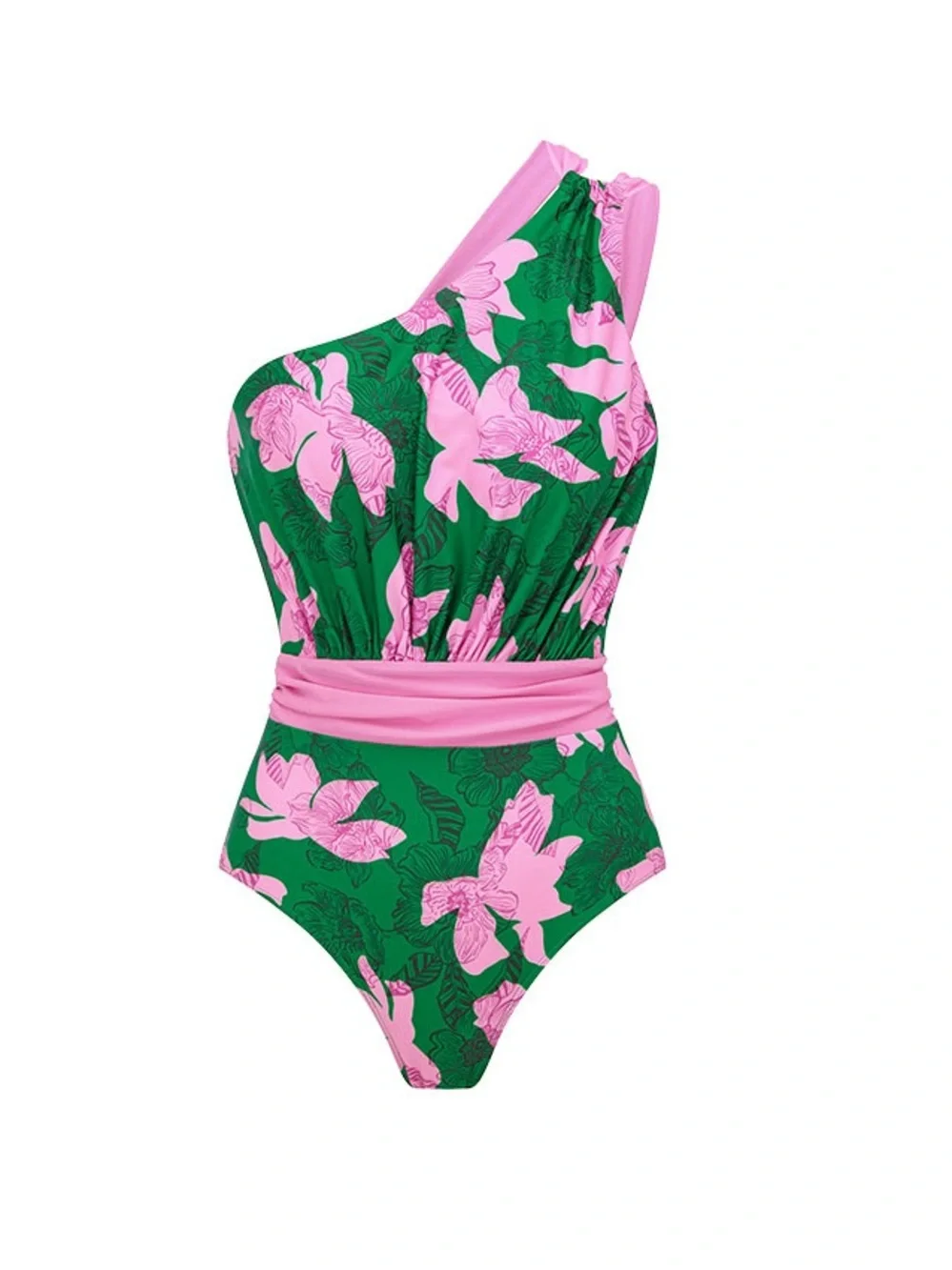 Green & Pink Floral One-Shoulder Swimsuit with Matching Skirt Size Medium